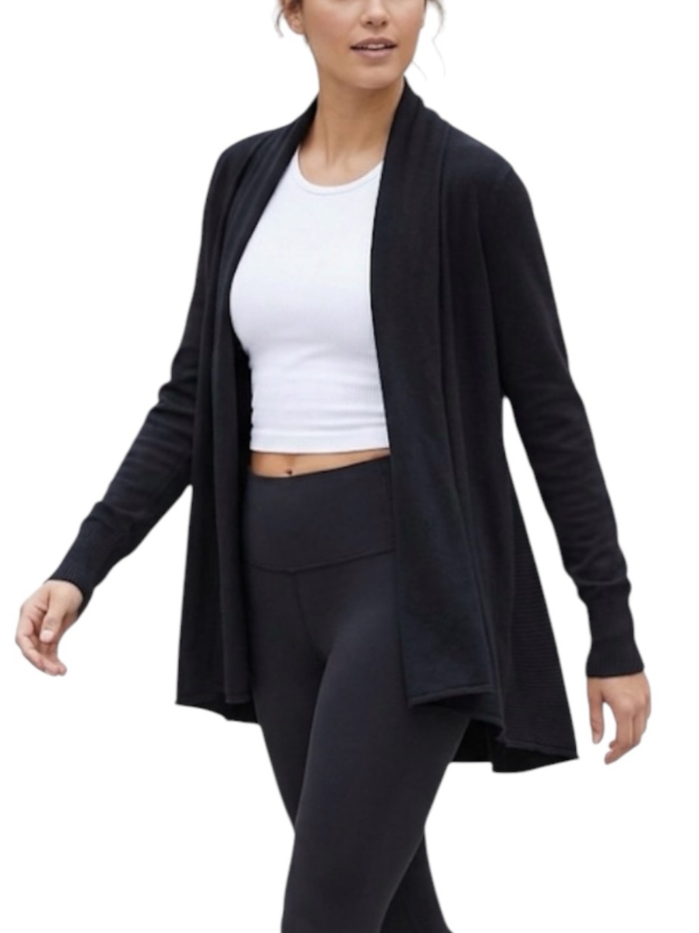 Athleta Cashmere Cotton Black Cardigan Sweater Waterfall Drape Jacket Women’s Sm